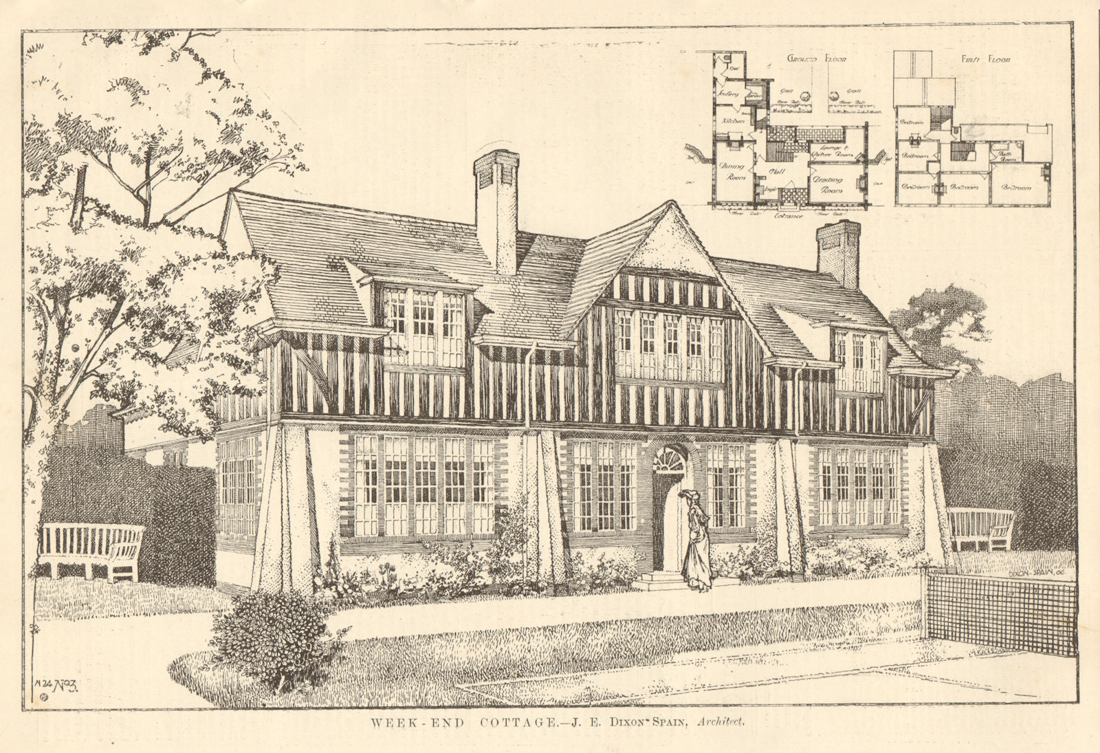 Weekend cottage - J.E. Dixon-Spain, Architect. 1907 old antique print picture